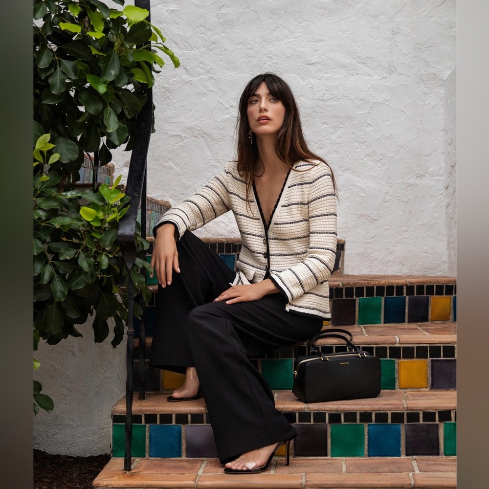 Veronica Beard Black and Cream Striped Cardigan
